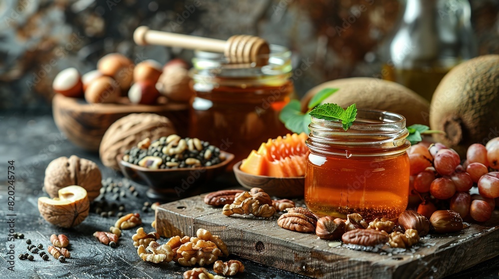   A jar of honey sits atop a wooden cutting board, surrounded by a variety of nuts and fruits