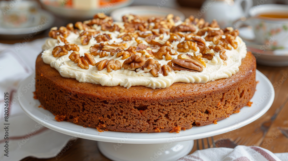 Carrot cake on a kitchen table. Topped with cream cheese and walnuts. Looks yummy! Carrot cake on a kitchen table. Topped with cream cheese and walnuts. Looks yummy!