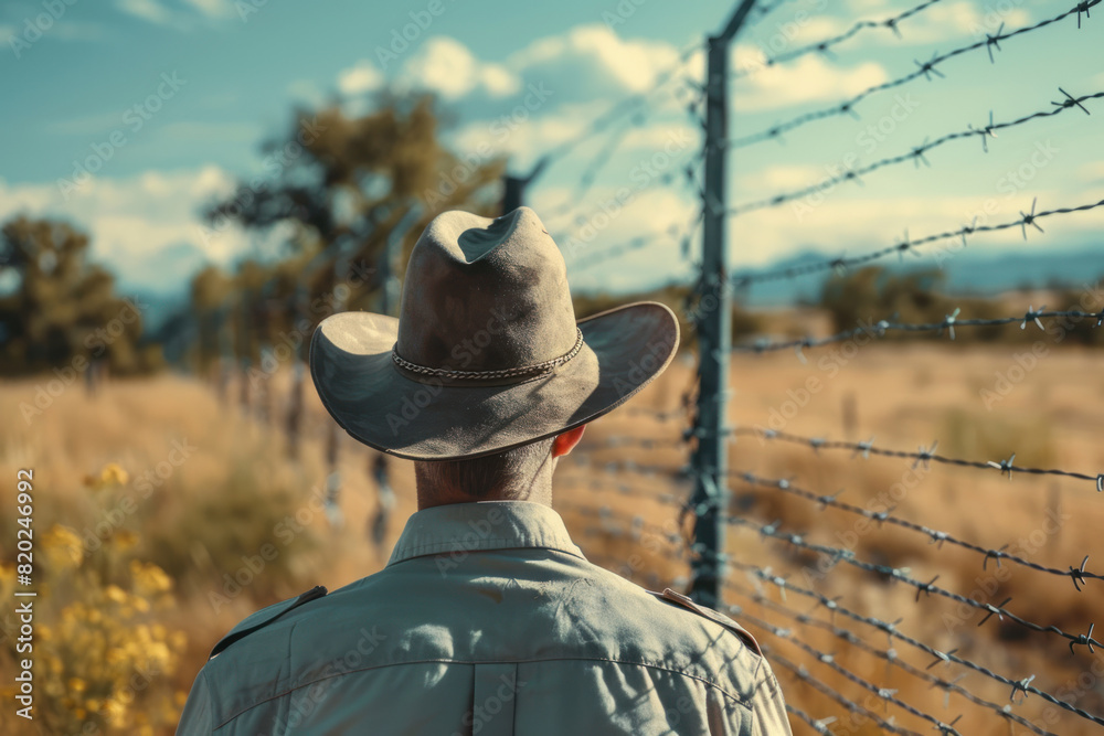 A farmer in a cowboy hat inspects the integrity of the barbed wire fence on his property. A farmer in a cowboy hat inspects the integrity of the barbed wire fence on his property.