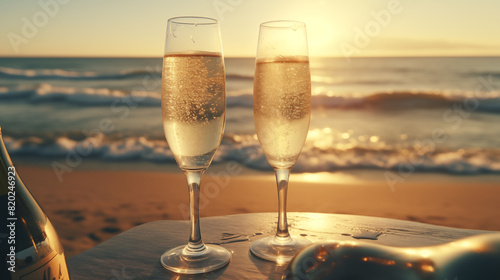 Amidst the golden sands, friends relax with champagne by the sea, their laughter and chatter echoing against the backdrop of crashing waves, beautifully captured by an HD camera. photo