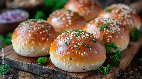  A wooden cutting board topped with buns, sprinkled with sesame seeds and parsley