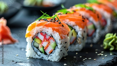  A slate platter holds sushi with cucumber, carrots, and sesame seeds