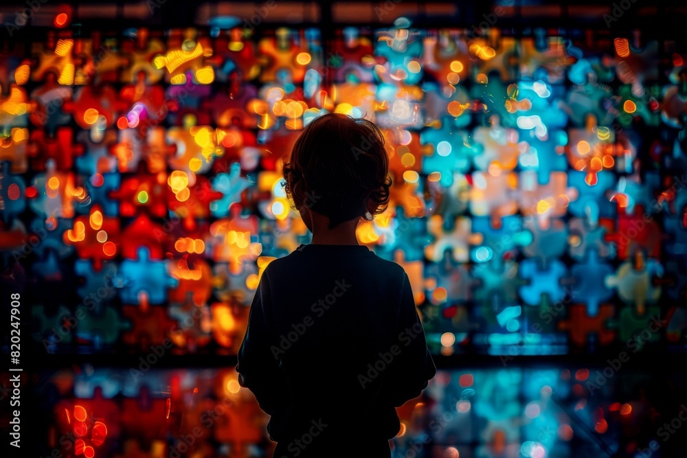 international children's day, the silhouette of a child against the background of a multi-colored puzzle piece