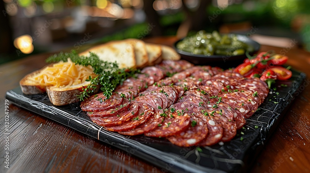 A platter of salami, cheese, bread, and vegetables on a black platter on a wooden table is already optimized and doesn't require further fixes A platter of salami, cheese, bread, and vegetables on a black platter on a wooden table is already optimized and doesn't require further fixes