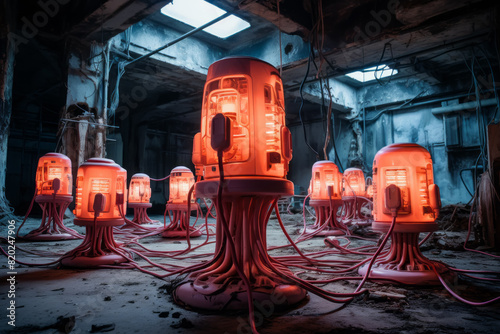 In a dimly lit room, several glowing red lights can be seen scattered around. These lights contrast against the darkness of the room
