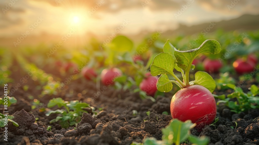 Ripe radish in the plantation with the sun rays in harvesting time. natural sunset light. Ripe radish in the plantation with the sun rays in harvesting time. natural sunset light.