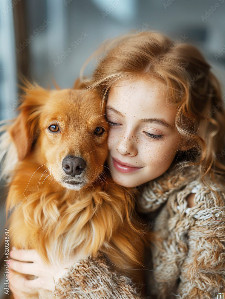 The young girl tenderly embraces the puppy The young girl tenderly embraces the puppy