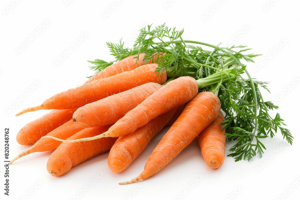 A bunch of fresh carrots isolated on a white backdrop, highlighting their earthy sweetness and crunchy bite. Concept of root vegetables and garden-fresh produce. Generative Ai. A bunch of fresh carrots isolated on a white backdrop, highlighting their earthy sweetness and crunchy bite. Concept of root vegetables and garden-fresh produce. Generative Ai.