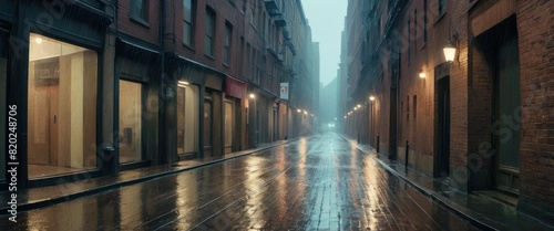 A moody, wet urban alley at night, reflecting street lights on its rain-soaked cobblestone pavement.