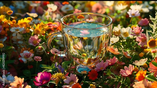 Nestled amidst a bed of fresh blooms, a glass coffee cup reflects the vibrant colors of a blooming garden, a testament to the beauty of nature.