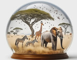 Serengeti Scene with Giraffe, Elephant in a Snowglobe AI