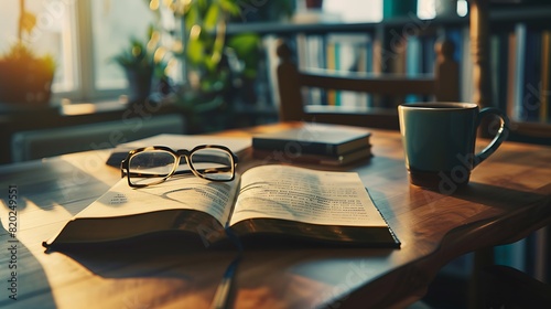 A tidy office desk with an open book, a coffee cup, and reading glasses photo