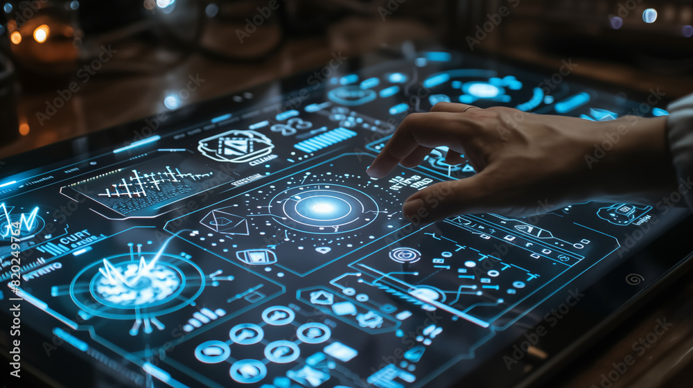 Hand interacting with futuristic digital user interface and data ...