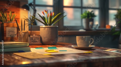 An office desk with a coffee cup, sticky notes, and a to-do list