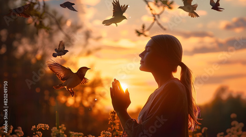 woman praying and free bird and enjoining nature  AI photo