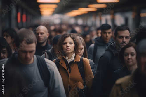 man stand on busy subway station during morning commute photo