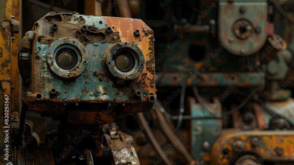 A robot with dirty eyes and a dirty face. The robot is surrounded by other robots, some of which are also dirty. Scene is one of decay and neglect