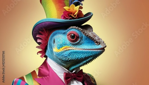 A brightly colored iguana sports a multicolored top hat and suit, striking a dignified pose, perfect for whimsical and vibrant stock photo collections.