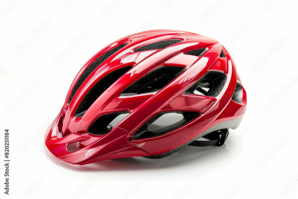 A shiny red bicycle helmet isolated on a plain white backdrop, detached from the surroundings, with no background. Concept of safety and protection. Generative Ai. A shiny red bicycle helmet isolated on a plain white backdrop, detached from the surroundings, with no background. Concept of safety and protection. Generative Ai.