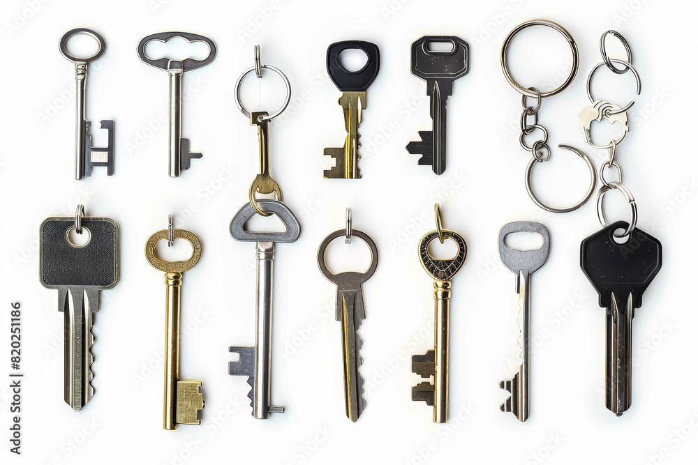 A set of keys with various keychains isolated against a clean white background, cut out from the background, with no background. Concept of access and security. Generative Ai. A set of keys with various keychains isolated against a clean white background, cut out from the background, with no background. Concept of access and security. Generative Ai.