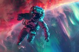 an astronaut floating in space, with aurora lights behind him