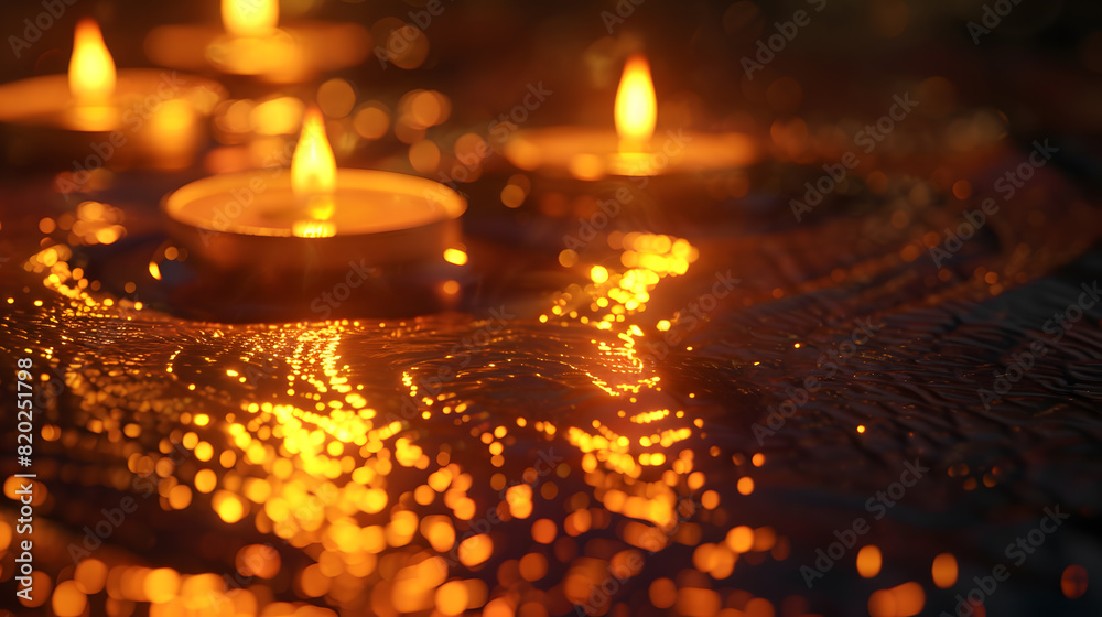 Two candles are lit on a dark surface. The candles are small and have a warm glow Two candles are lit on a dark surface. The candles are small and have a warm glow