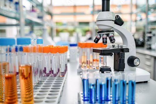 A laboratory table is adorned with a microscope and test tubes as important equipment