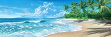 An artistic rendering of a Hawaiian shirt design, filled with lush green palm trees and white sandy beaches. Waves gently lap at the shore under a clear blue sky