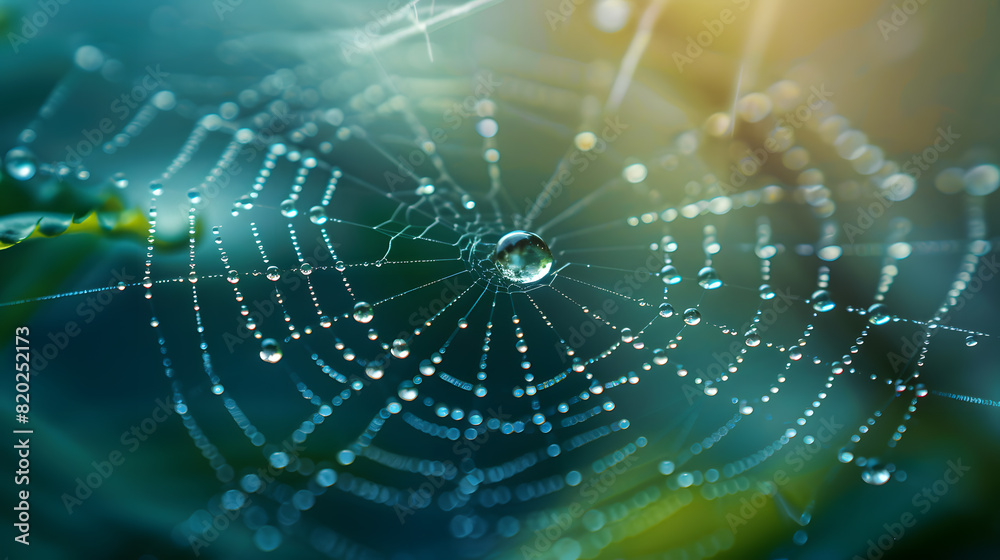 Naklejka premium A spider web with water droplets on it. The web is blue and green