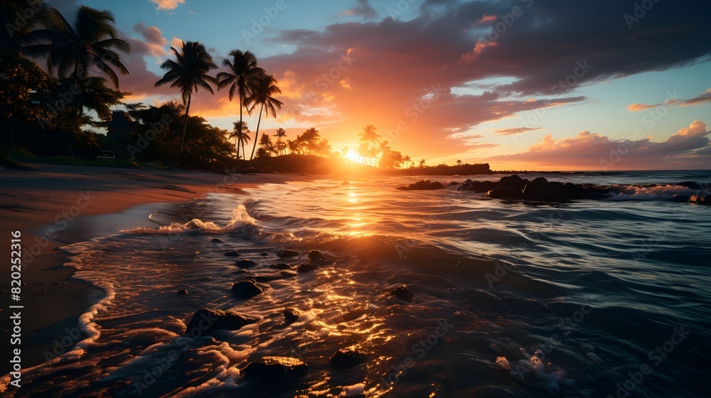 Beach sunset, palm trees and sunset backdrop in fun-filled atmosphere
