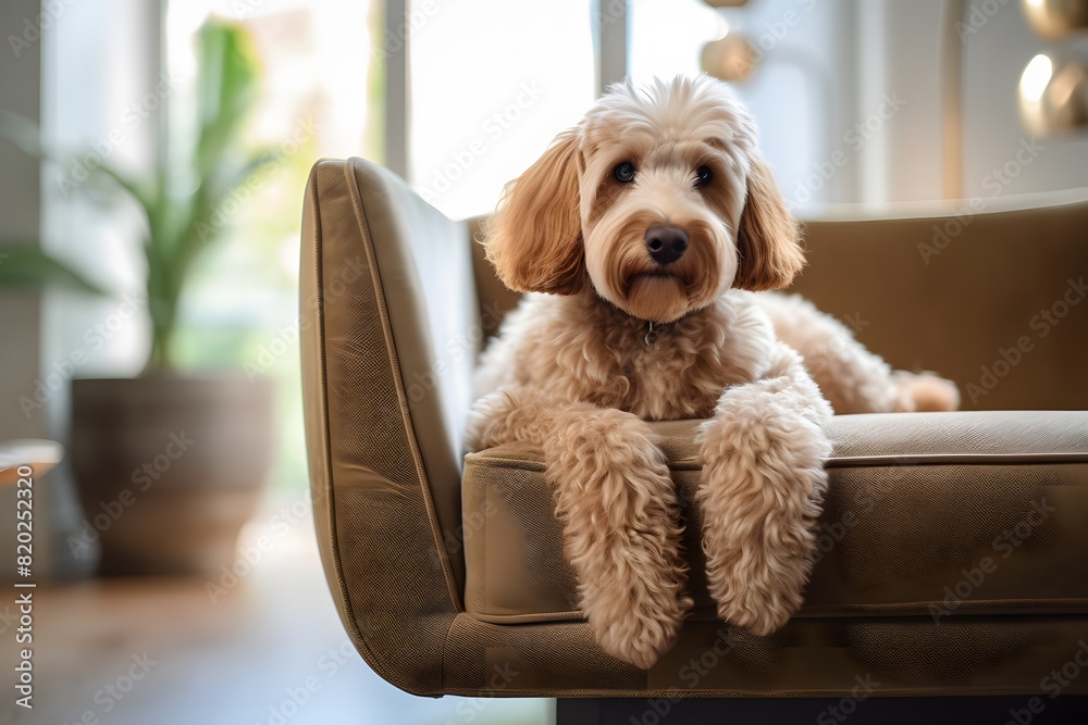 Goldendoodle poses confidently on a modern designer chair Goldendoodle poses confidently on a modern designer chair