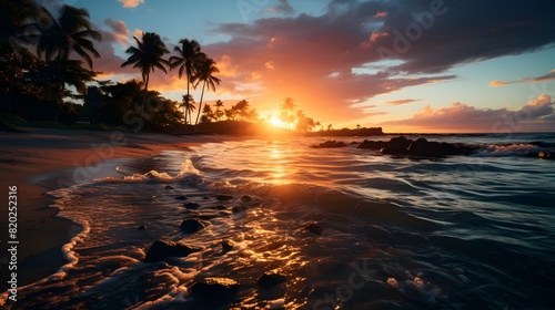 Beach sunset, palm trees and sunset backdrop in fun-filled atmosphere  © Nattawee