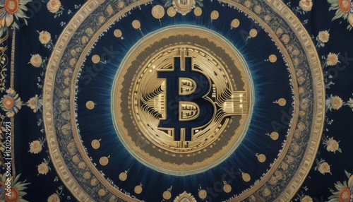 A luxurious Bitcoin design with a blue and gold floral background, showcasing an ornate and sophisticated approach to presenting cryptocurrency.