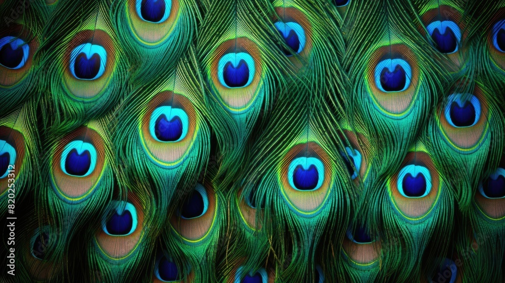 Obraz premium Background of peacock feathers. The background is in an abstract style. A pattern of feathers. An exotic bird.