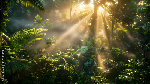 A bright sunny day in a jungle with sunlight shining through the trees