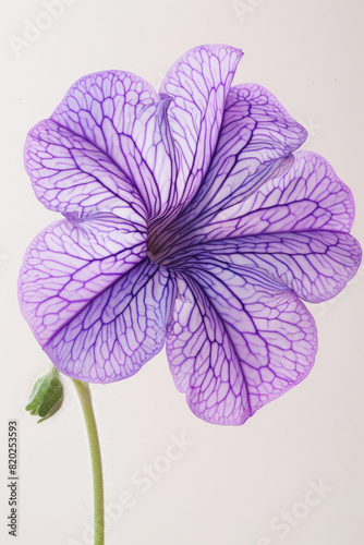 The scene showcases a striking violet flower with a healthy green stem seen from a close distance