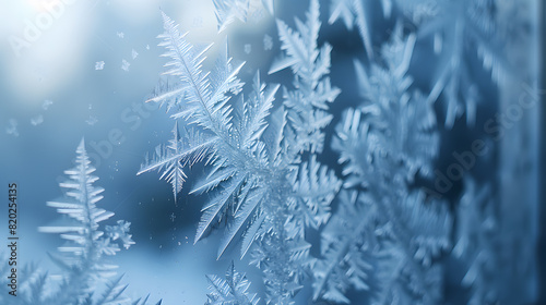 A close up of a tree with frost on the branches. Concept of stillness and tranquility  as the frosted branches appear to be frozen in time. The blue sky in the background adds to the serene atmosphere