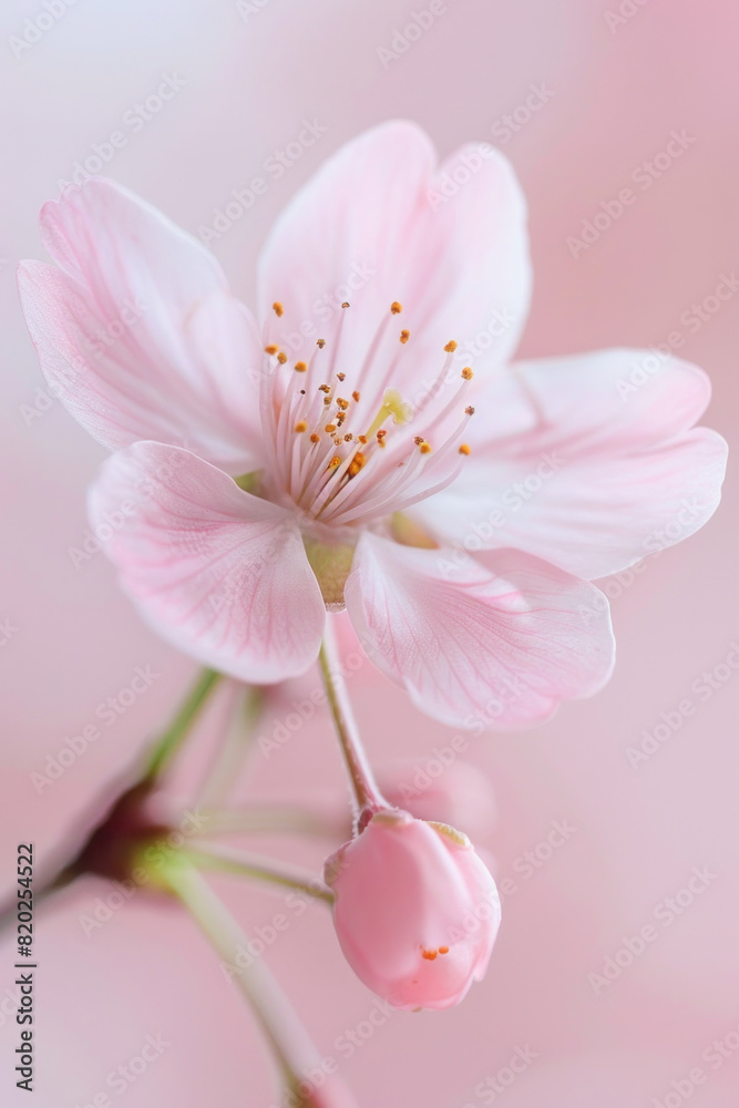 Detailed pink cherry blossom flower on pink background, highlighting delicate beauty Detailed pink cherry blossom flower on pink background, highlighting delicate beauty