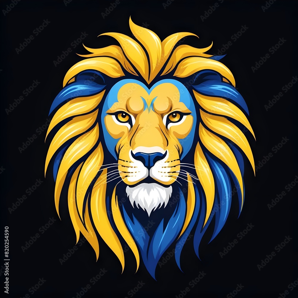 Obraz premium lion head logo vector with sharp blue and yellow mane, lion head logo on black