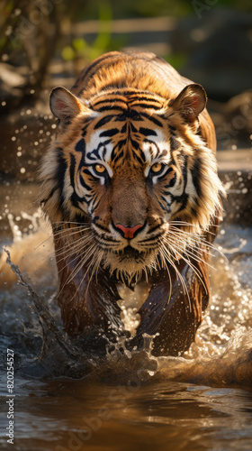 A magnificent Bengal tiger is swiftly moving through a tranquil body of water  showcasing its wild and powerful grace