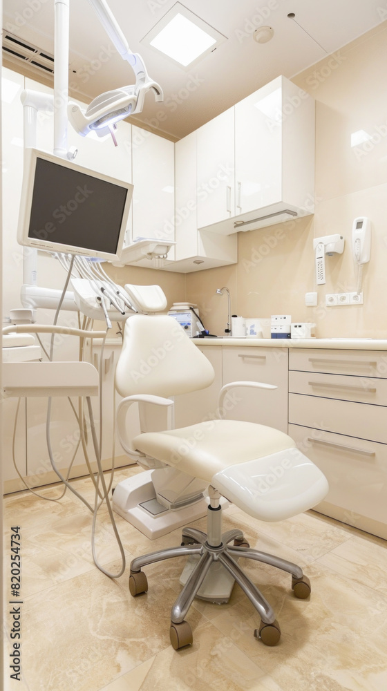 A dental office has a chair and a monitor, along with equipment for procedures to care for patients
