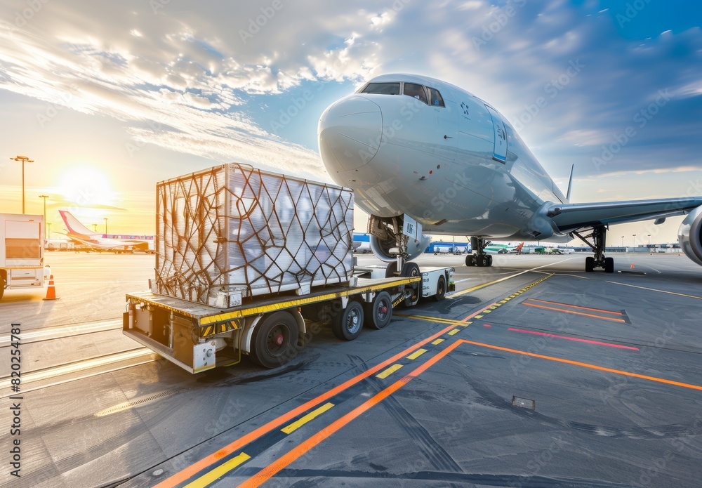 Cargo containers are being loaded onto a modern freighter jet at the airport, preparing for air transport shipment. Cargo containers are being loaded onto a modern freighter jet at the airport, preparing for air transport shipment.