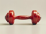 A red dumbbell on a gray background.