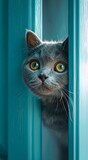 A cat peeking out of a door.