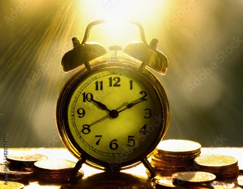 metal coins on the table and a clock on it photo