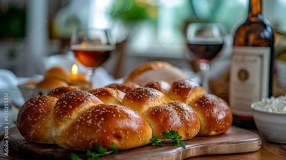 A loaf of bread with wine and glasses on a table. A loaf of bread with wine and glasses on a table.