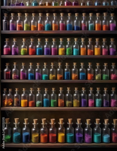 Shelves of brightly colored sand in glass bottles and hourglasses, showcasing a spectrum of hues and artistic sand layering.