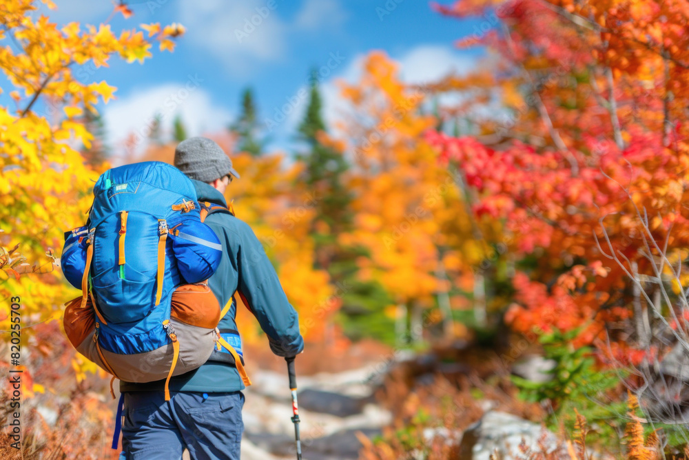 A man with a backpack and hiking poles is trekking through a lush forest under the sky A man with a backpack and hiking poles is trekking through a lush forest under the sky