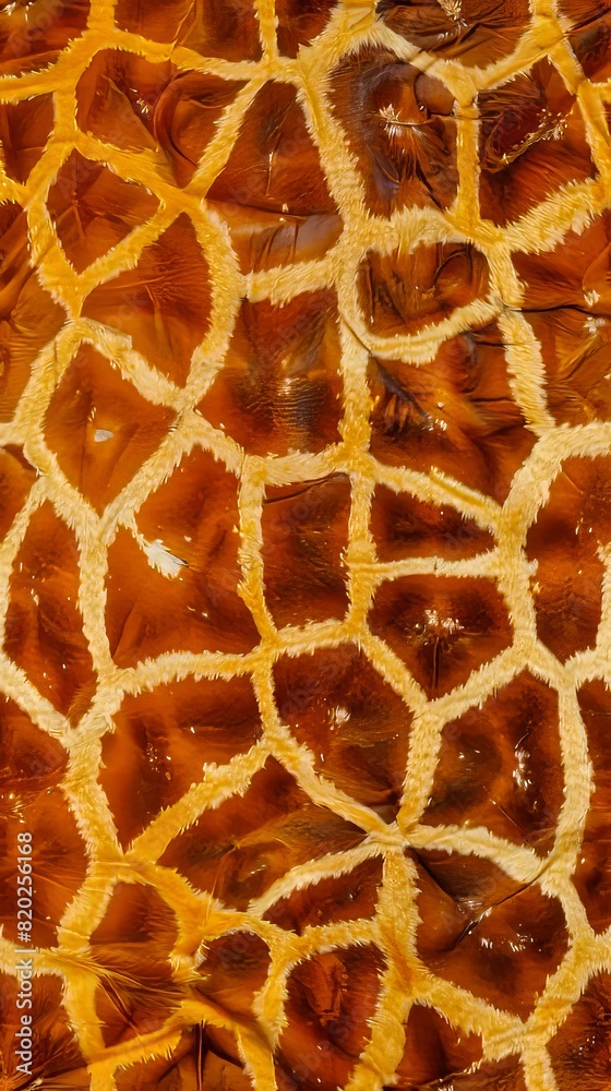 A close up of a giraffe skin texture.