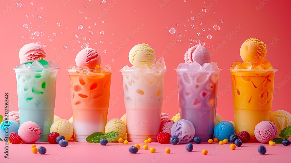 A group of colorful drinks with bubbles and sprinkles. A group of colorful drinks with bubbles and sprinkles.